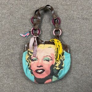 Y2K Retro Andy Warhol Marylin Monroe Blue Canvas Hobo Shoulder Bag Leather Strap